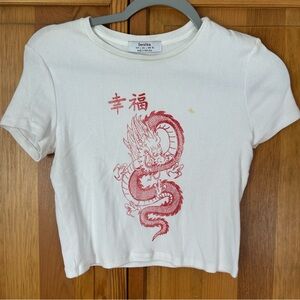 Bershka White Ribbed Tee with Red Graphic